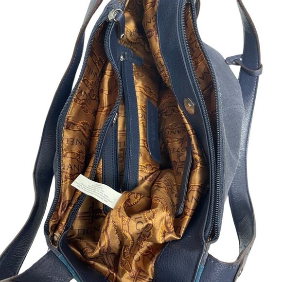 TIGNANELLO  Navy/Emerald  Green Suede Leather Shoulder Bag With Expandable Sides - Picture 8 of 13